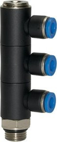 Riegler L-Mehrfachverteiler Blaue Serie, 3-fach, drehbar, Messing, G 1/8 a, Ø 4mm, Blau/Schwarz - Bild 1