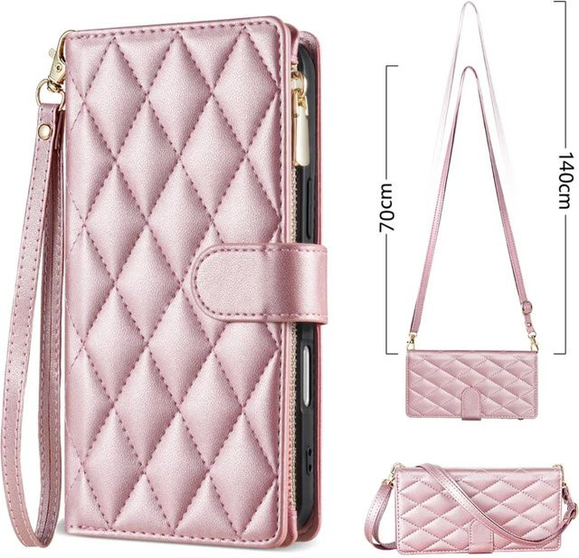 Crossbody Lederhülle für Samsung Galaxy S26 S25 S24 S23 S22 S21 sowie A17 A16 A36 A53 mit Reißverschluss und Kartenetui in Rosa - Bild 1