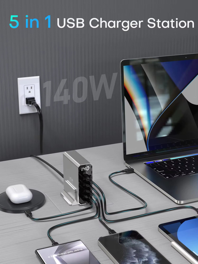 TOPADRE 140W USB-C 5-Port Ladestation mit Display und 100W USB-Hub für Laptop, MacBook, iPhone und Samsung - Bild 2