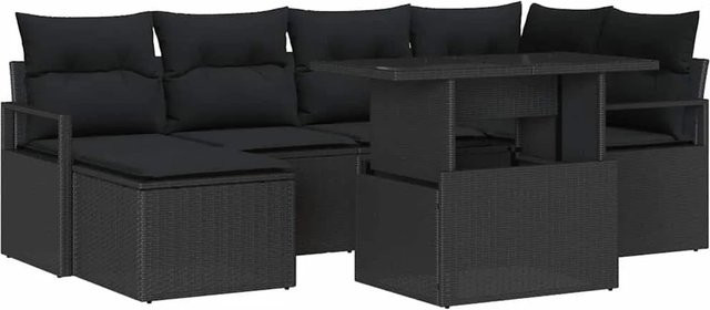 vidaXL Garten-Sofa-Set 7-teilig in Schwarz mit Kissen aus Poly-Rattan und pulverbeschichtetem Stahl - Bild 1