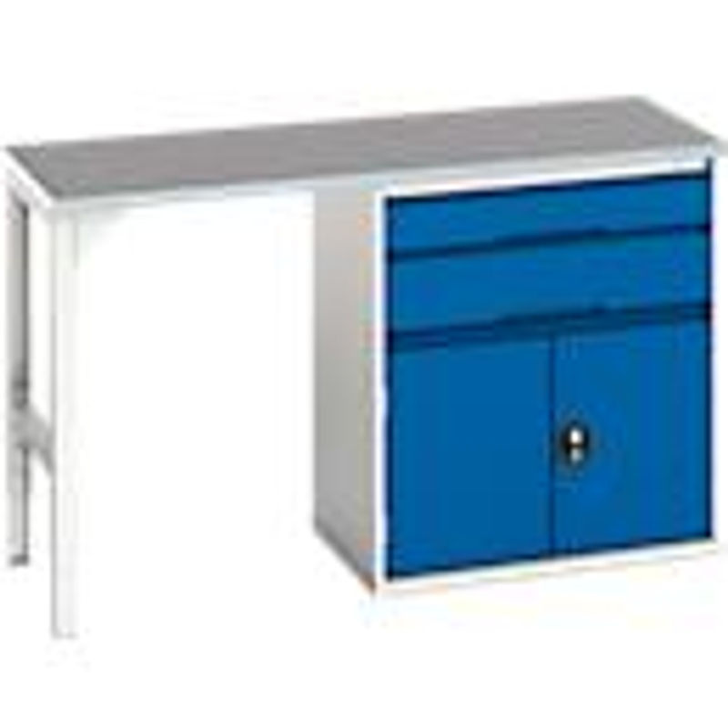 Bott Unterbauwerkbank verso mit Linoleum-Platte, 2 Schubladen, 1 Tür und 1 Ablageboden, Lichtgrau / Enzianblau, B/T/H: 150 x 60 x 93 cm - Bild 2