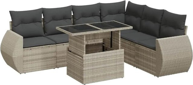 vidaXL 7-teilige Garten-Sofagarnitur in L-Form aus Poly-Rattan mit Kissen und Couchtisch in Hellgrau - Bild 1