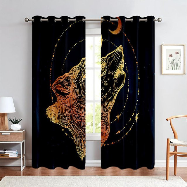 Yiran Furniture Tierwolf Vorhänge aus Polyester mit 3D-Druck, halbtransparent, mehrfarbig, B: 50 cm, H: 140 cm, 2 Stück - Bild 1