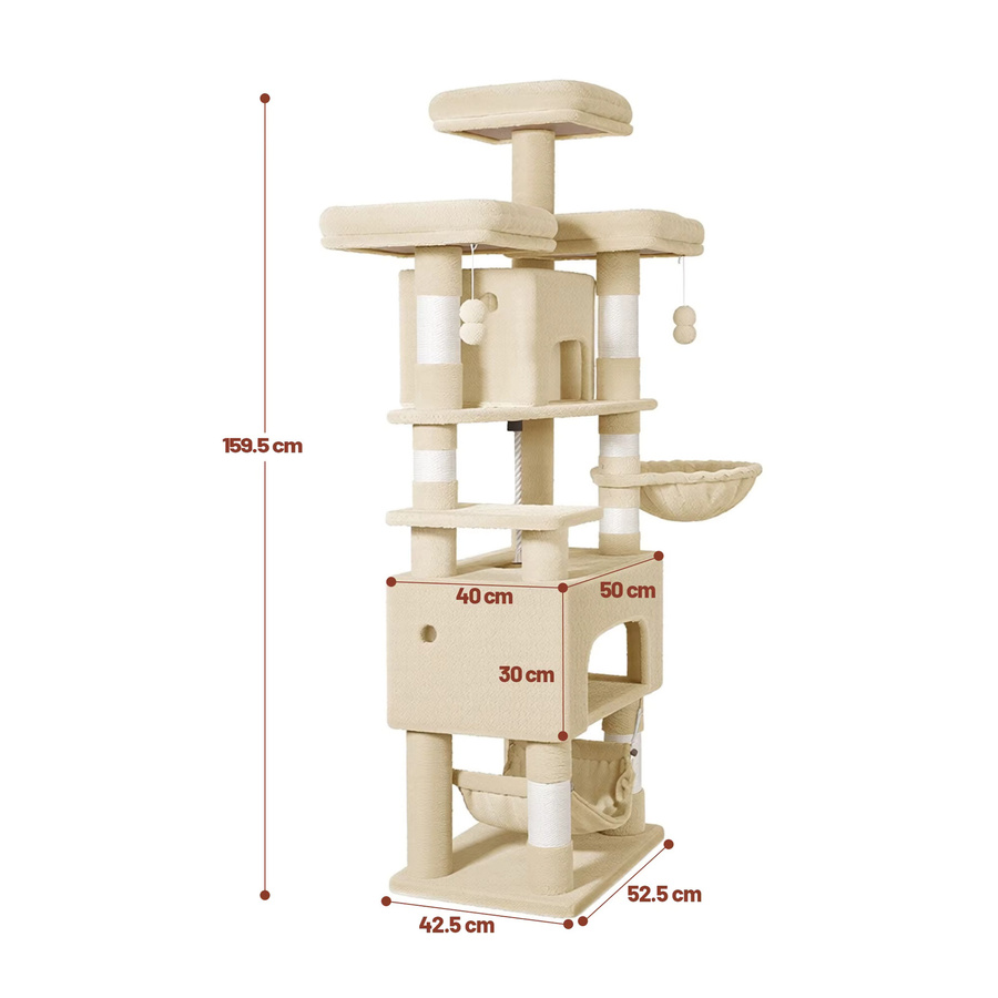 Hzuaneri Katzenbaum für Wohnungskatzen in Grau und Beige, 156 cm hoher Kratzbaum mit 3 Plattformen, 2 Höhlen, 7 Sisalpfosten, Hängematte und integriertem Spielzeug - Bild 5
