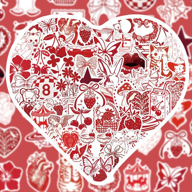 50 Stück rote Valentinstag-romantische Graffiti-Aufkleber, Kirsche, Erdbeere, Schmetterling, Liebe, Dekoration - Bild 1