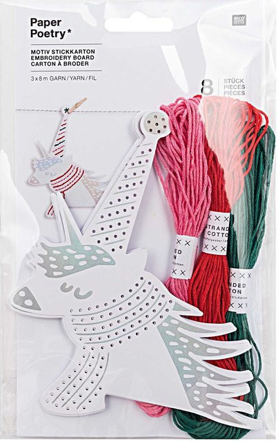 Rico Design Paper Poetry Stickkarton Einhorn Set mit Garn und Nadel, 8 Stück, Mehrfarbig - Bild 1