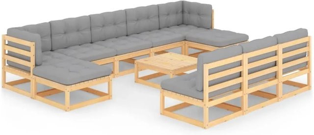 vidaXL 11-tlg Garten-Lounge-Set aus massivem Kiefernholz mit Kissen in Grau - Bild 1