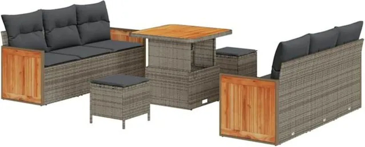 vidaXL Polyrattan Garten-Sofa-Set mit Kissen und Hocker in Grau, 9-teiliges modulares Loungemöbel-Set, B/T/H: 80 x 80 x 71 cm - Bild 1