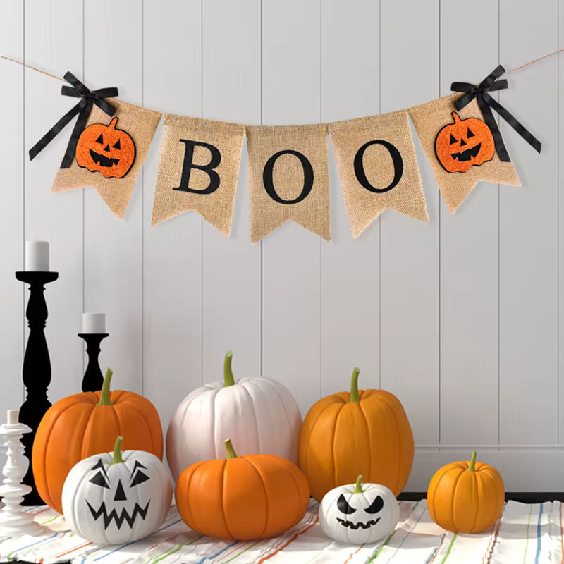 ZQNYCY Halloween Girlande aus Jute mit Kürbis-Wimpeln in Beige für rustikale Partydekoration - Bild 2