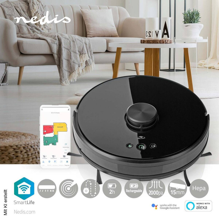 Nedis Roboter-Staubsauger schwarz mit Laser-Navigation, App-Steuerung und Smart Home Integration, B/T/H: 33,1 x 33,3 x 9,6 cm - Bild 3