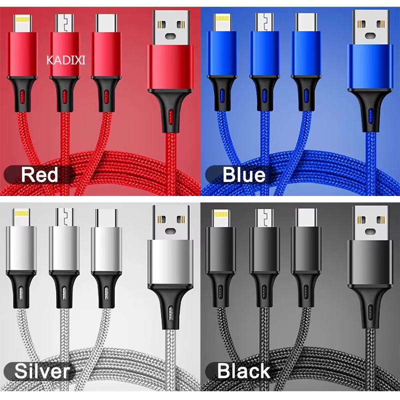 KADIXI 3-in-1 USB-Ladekabel mit USB-C, Micro-USB und iOS Anschlüssen in Rot aus Nylon-Geflecht - Bild 5