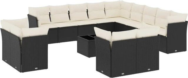 vidaXL 14-tlg. Garten-Sofagarnitur in L-Form aus Polyrattan mit Kissen und Couchtisch, Schwarz - Bild 1