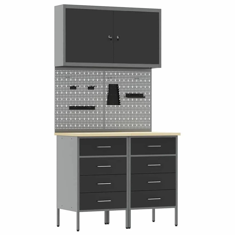 vidaXL Werkbank mit Schubladen und Pegboard aus Holz und Stahl, Schwarz, B/T/H: 200 x 55 x 85 cm - Bild 2
