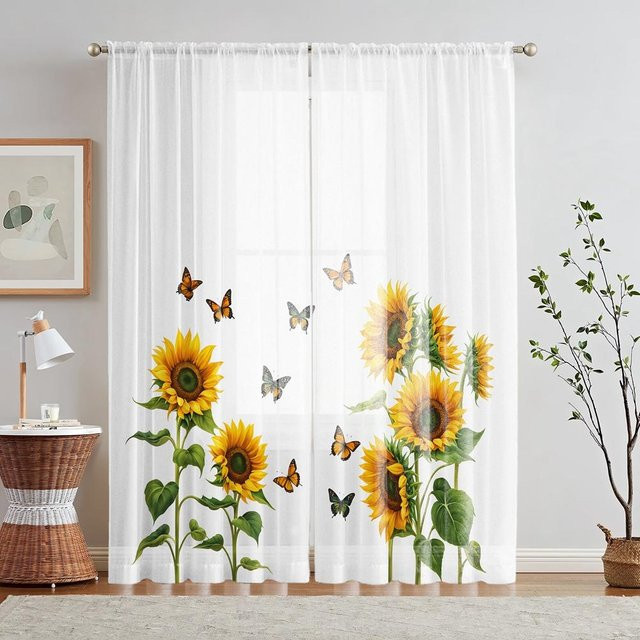 2er-Set Sonnenblumen Vorhang mit digitalem HD-Druck, gelb-weiß, B: 132 cm, H: 160 cm - Bild 1