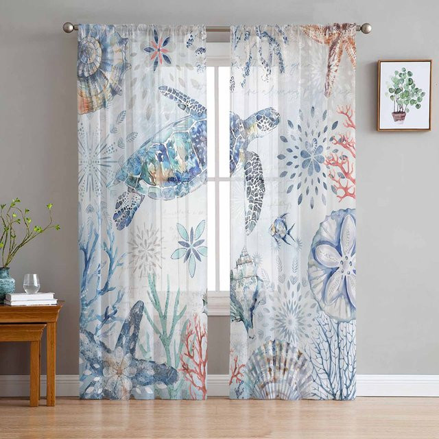 Transparente Tüll-Voile-Vorhänge mit Ozean-Motiv in Blau und Multicolour, Breite: 135 cm, Höhe: 137 cm - Bild 1