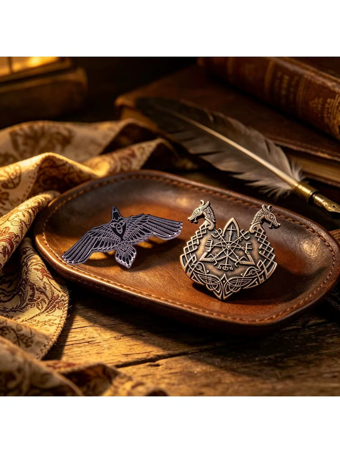 Anstecknadeln Wikinger-Emaille, Odin-Rabe & Vegvisir-Kompass, Unisex - Bild 4