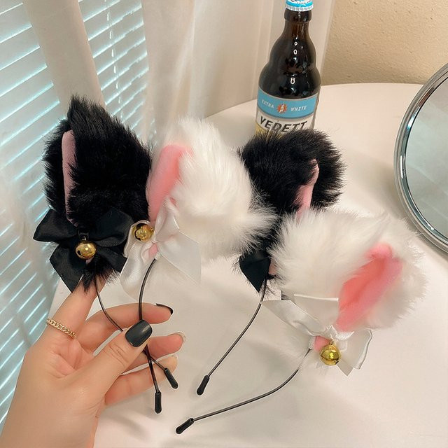 Haarband Plüsch-Spitzen-Katzenohren mit Glöckchen, Damen - Bild 1
