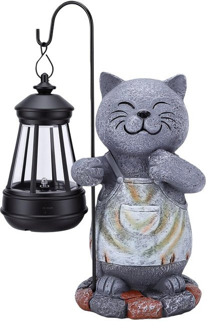 Fishine Solar-Katzen-Dekoration aus Harz in Grau mit warmem Licht als wetterfeste Gartenlaterne für Terrasse und Hof - Bild 1