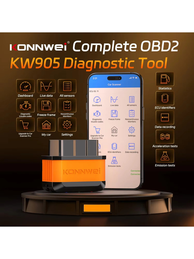 KONNWEI KW905 ELM327 OBD2 Scanner Bluetooth 5.0 Diagnose Tool für Android und iOS in Orange und Schwarz - Bild 5
