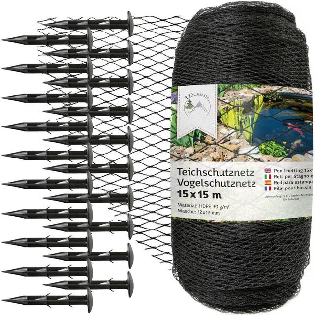 TTL GARDEN Teichschutznetz Anthrazit, Maße: 15 x 15 m, Maschenweite: 12 x 12 mm, 30 g/m² aus HDPE - Bild 1