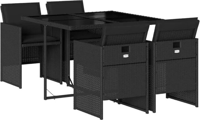 vidaXL 5-teilige Garten-Essgruppe aus schwarzem Poly-Rattan mit Kissen und Hartglas-Tischplatte - Bild 1