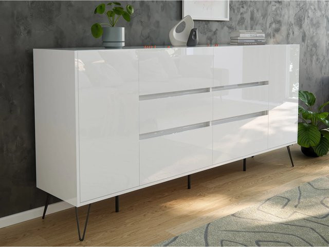 Posseik Sideboard Industrial R mit 6 Schubladen und 2 Türen in Weiß Hochglanz, Breite: 200 cm - Bild 1