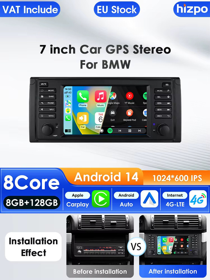 Hizpo 7 Zoll Autoradio für BMW 5er E39 X5 E53 M5 Multimedia-Player mit CarPlay, Android Auto, GPS, WiFi und 4G in Schwarz - Bild 5