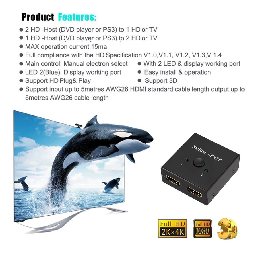 Kebidu HDMI Switch 2 Ports 2 In 1 Out Video Splitter 4K 60Hz in Schwarz für Laptop PC Xbox PS3/4/5 TV Box zu Monitor oder Projektor - Bild 3