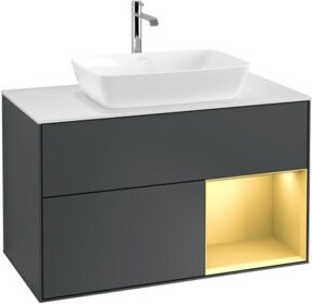 V&B Waschtischunterschrank Finion 100 in Mattweiß mit Regalelement in Gold matt und Lackierung in Mattblau, B/T/H: 100 x 50,1 x 50,1 cm - Bild 1