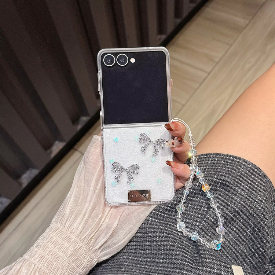 Transparente Koreanische Glitter Handyhülle mit Bogen-Design und Kette für Samsung Galaxy Z Flip 7, Z Flip 6 und Z Flip 5 in Beige - Bild 2