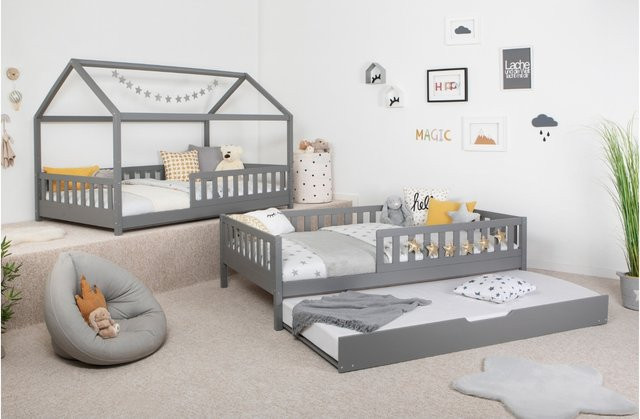 TiCAA 2 in 1 Hausbett Bodenbett aus Kiefer Massivholz mit abnehmbarem Dach, Zusatzbett und Rausfallschutz, Weiß/Grau - Bild 1