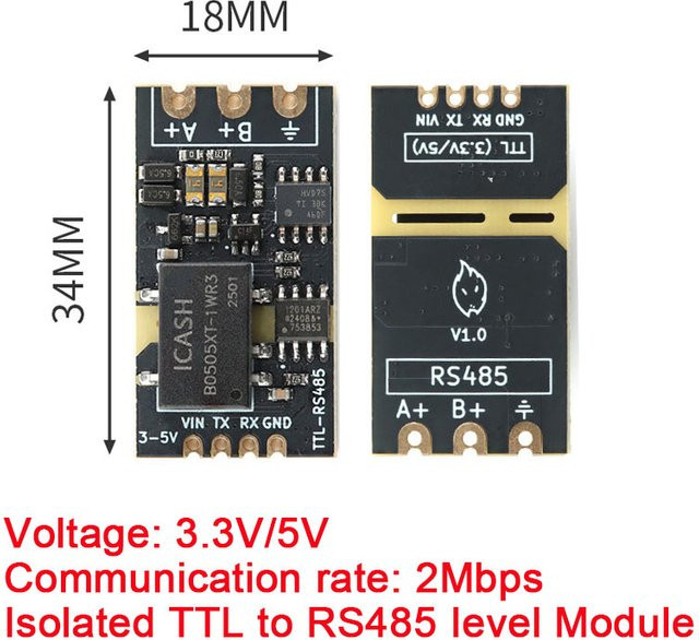 Isoliertes TTL-zu-RS485-Pegelplatinenmodul für serielle Kommunikation, automatisch, Halbduplex, 2 Mbit/s, Farbe: Schwarz - Bild 1