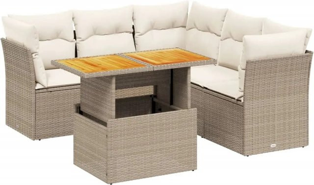 vidaXL 5-teilige Garten-Sofagarnitur in L-Form aus Poly-Rattan und Akazienholz mit Kissen in Beige und Cremeweiß - Bild 1