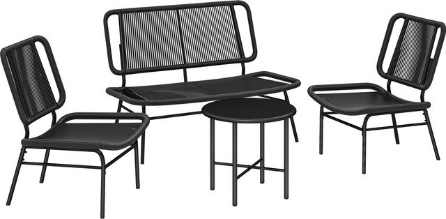 Outsunny 4-teiliges Garten-Loungeset aus Rattan in Schwarz mit 2-Sitzer-Sofa, 2 Stühlen und Couchtisch mit Metallplatte und Stahlgestell - Bild 1