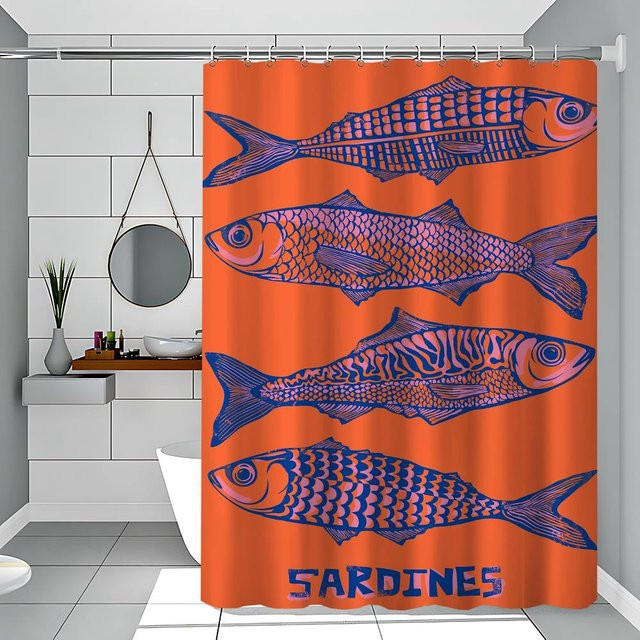 Retro Duschvorhang mit Fisch-Motiv in Blau und Rot, lichtundurchlässig, B/H: 90 x 180 cm - Bild 1