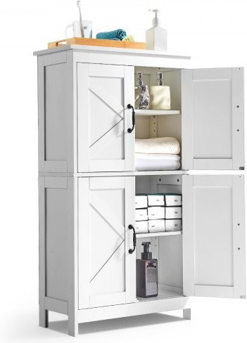 VEVOR Badezimmerschrank aus Holz, 4-stufiger freistehender Aufbewahrungsschrank mit 4 Türen und verstellbaren Regalböden, Modernes Badmöbel in Weiß - Bild 1