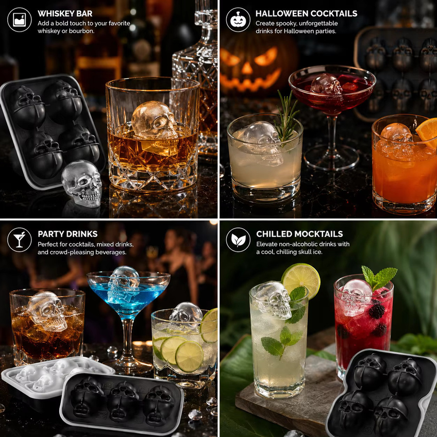 PGY 3D-Silikon-Eiswürfelform mit Totenkopf-Motiv in Schwarz und Grau für Halloween-Partys und Cocktails - Bild 6