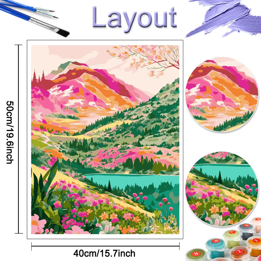 Momoart Malen nach Zahlen Set Berglandschaft mit Blumenhaus auf Leinwand, Mehrfarbiges Ölgemälde Kunsthandwerk für dein Zuhause - Bild 2