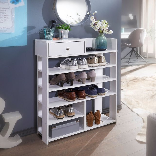 FineBuy Schuhregal Weiß Modernes Flurregal mit 7 Fächern und Schublade B/H: 75 x 92,5 cm - Bild 1