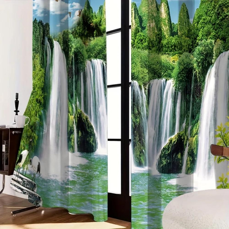 Yiran Furniture Vorhang Set mit Wasserfall Vogel Kran Motiv aus Polyester, halbtransparent, Mehrfarbig, B: 50 cm, H: 100 cm, 2 Stück - Bild 4