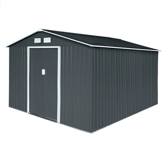 Hattoro S300 Metall Gerätehaus mit Bodenrahmen und Doppel-Schiebetüren in Dunkelgrau mit Satteldach und 12,5 m³ Volumen - Bild 1