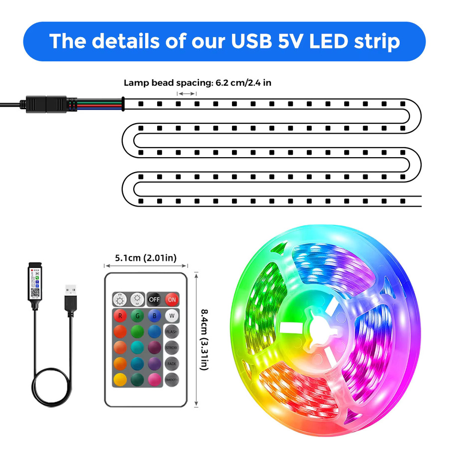 RGB LED-Streifenbeleuchtung mit Musiksynchronisierung und 16 Millionen Farben, USB-Betrieb, Multicolour - Bild 3