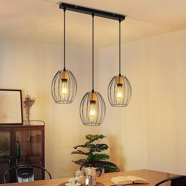 NETTLIFE Hängeleuchte in Schwarz mit Holz und Metall im skandinavischen Design, 3er-Set mit E27 Fassungen - Bild 1