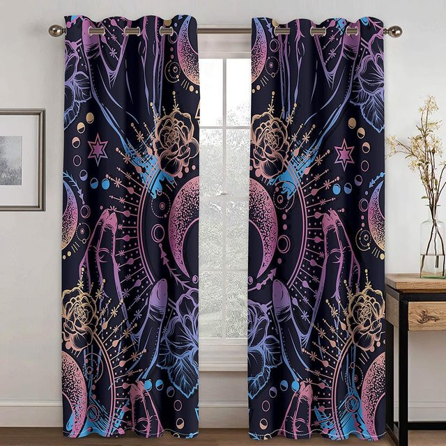 Zweiteiliger Stoffvorhang mit Glücksvorhersage-Muster und 3D-Digitaldruck in Mehrfarbig, semi-transparent, Breite: 50 cm, Höhe: 130 cm - Bild 1