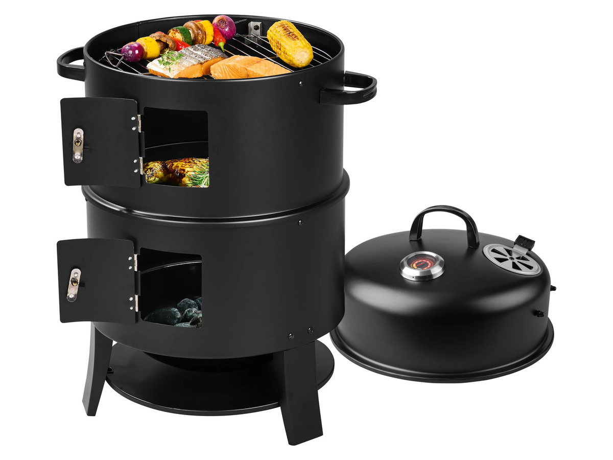 GRILLMEISTER 3in1 Räucherofen aus Stahl mit Thermometer, Wasserschüssel, Kohlenschale und Räucherhaken für Holzkohle - Bild 3