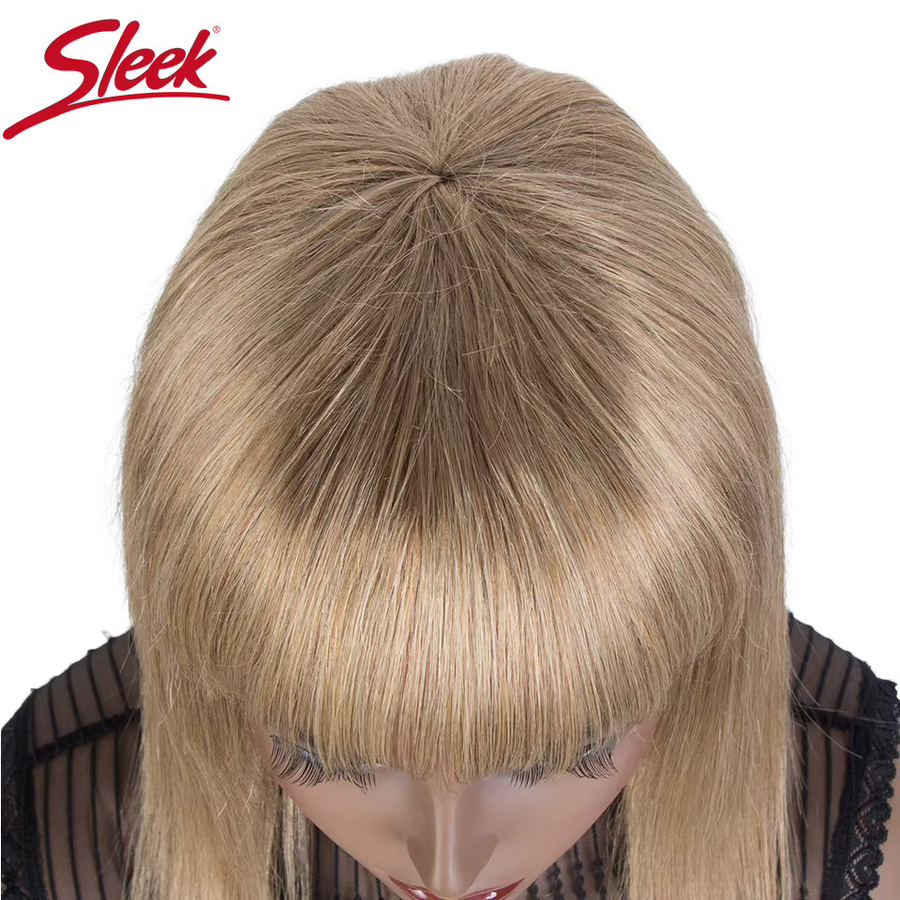 Braune blonde Echthaarperücke für Damen, kurz, glatt, mit Pony - Bild 4