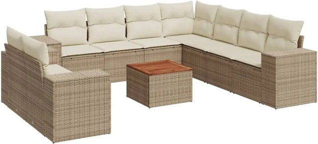 vidaXL 10-tlg. Garten-Sofagarnitur in L-Form aus Polyrattan und Akazienholz mit Kissen in Beige-Creme - Bild 1