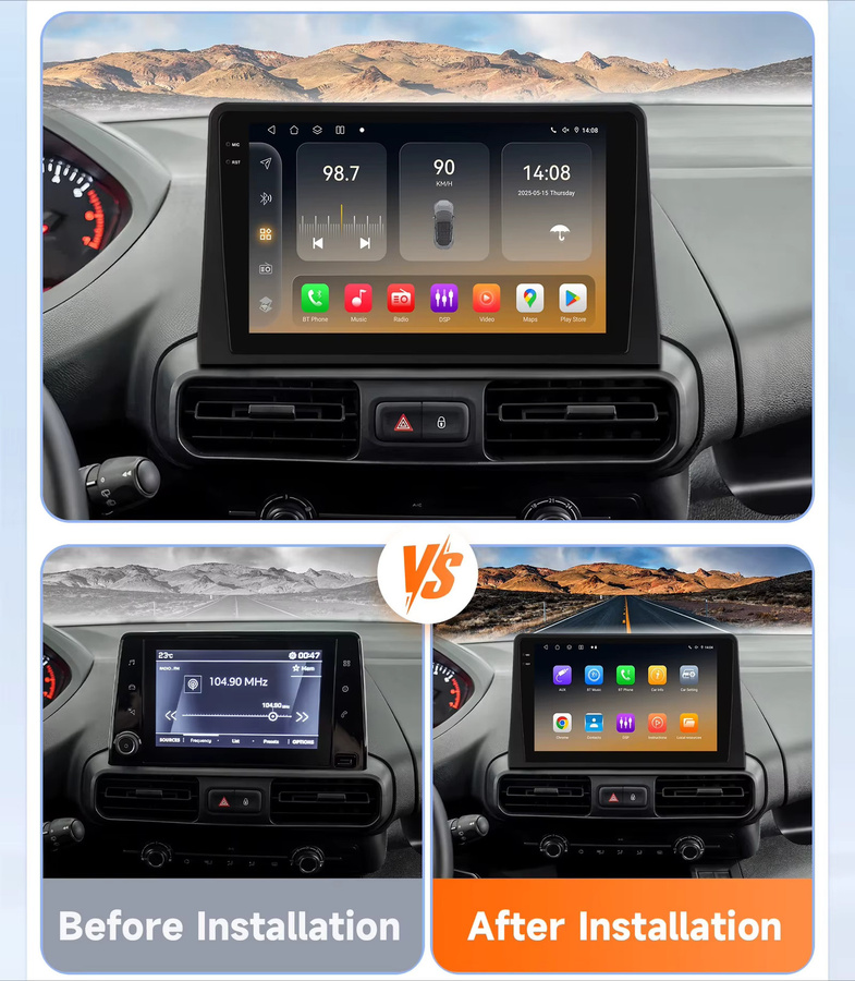 OSSURET Android Autoradio-Player mit GPS und Carplay für Citroen Berlingo, Peugeot Partner, Rifter und Opel Combo in Schwarz mit 6,115 Zoll Touchscreen - Bild 2