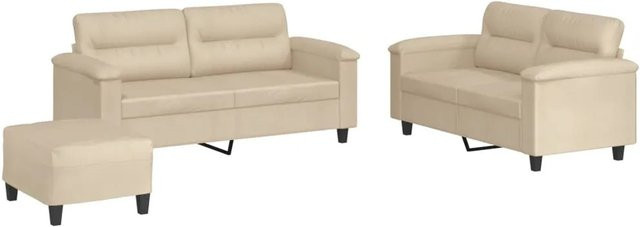 vidaXL 3-teilige Sofagarnitur aus Mikrofasergewebe in Creme mit 2 x 2-Sitzer-Sofa, 1 x Fußhocker und 4 Kissen - Bild 1