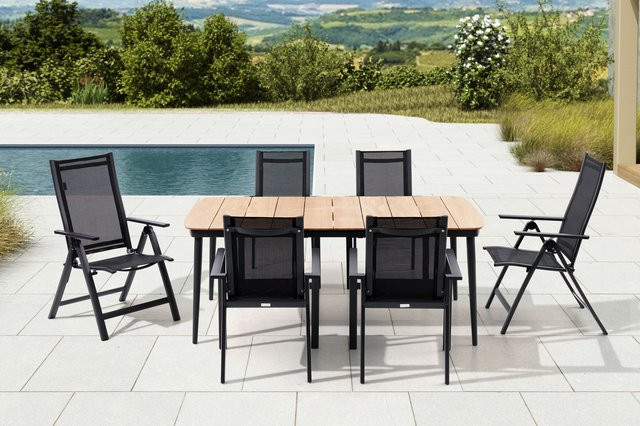 OUTFLEXX Garten-Essgruppe aus Alu, Teak und Textil in Anthrazit Matt mit Tisch und 6 Stühlen, B/T/H: 185 x 100 x 73 cm - Bild 1